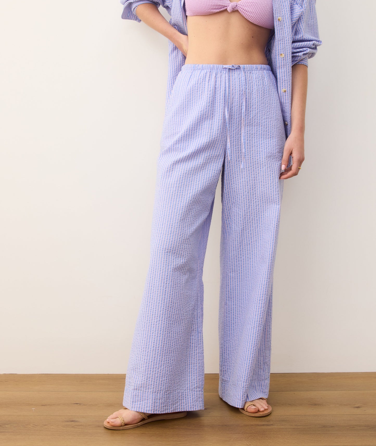 Seersucker Drawstring Wide Leg Pant