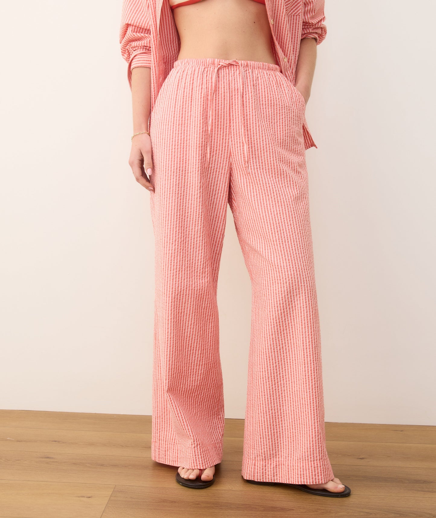 Seersucker Drawstring Wide Leg Pant