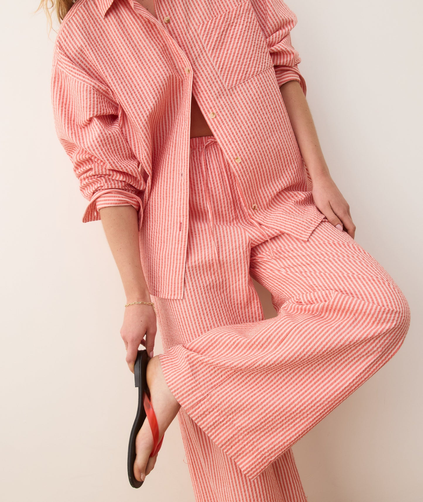 Seersucker Drawstring Wide Leg Pant